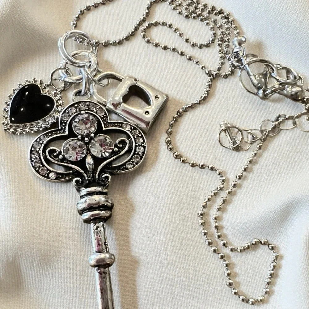 Gorgeous Black and Silver Toned Heart Lock and Key Pendant Necklace
